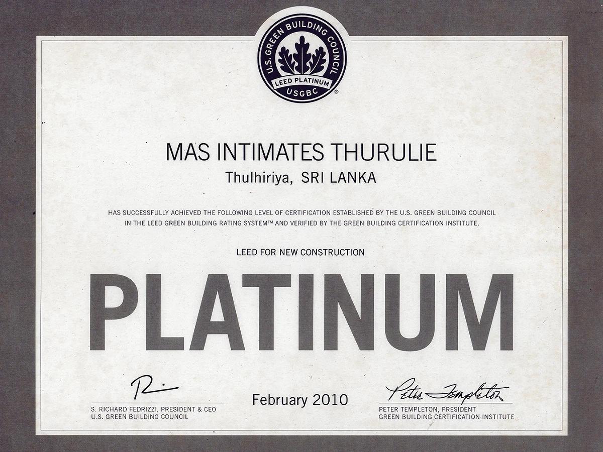 LEED Platinum certificate for new construction, MAS Intimates Thurulie, Thulhiriya, February 2010