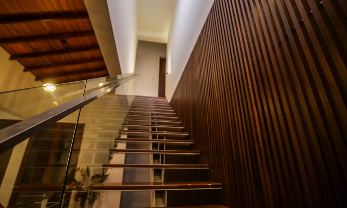 Timber treads and glass balustrade under a timber-lined ceiling