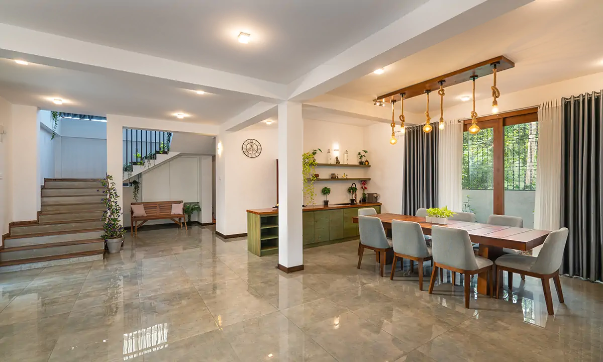 Open-plan dining area with the stair beyond