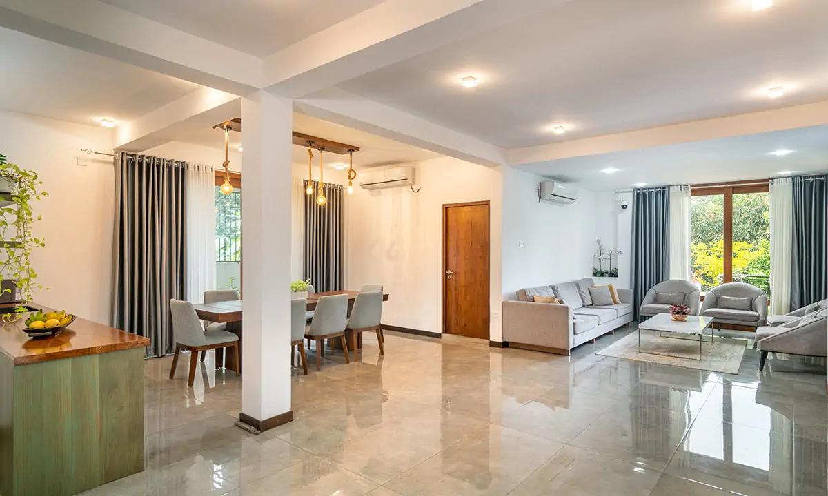 The open ground floor, from the dining table through to the living room