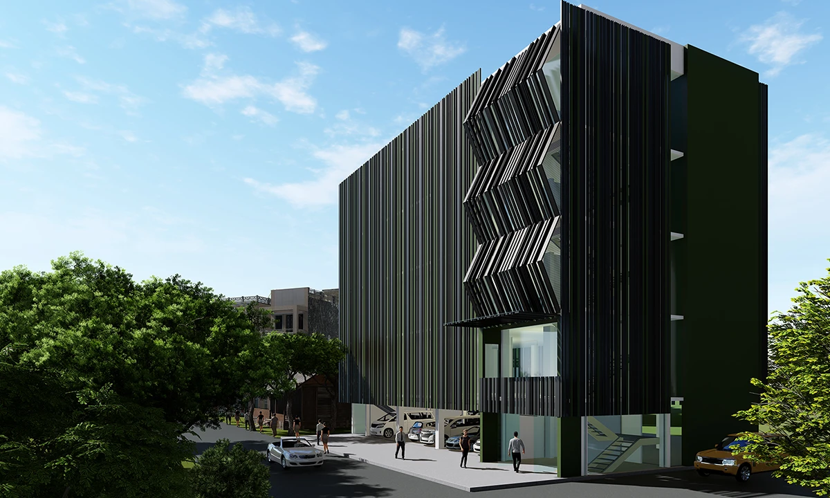 Rendering of the KG Office Building: six storeys of dark vertical fins, with folded screens on the corner