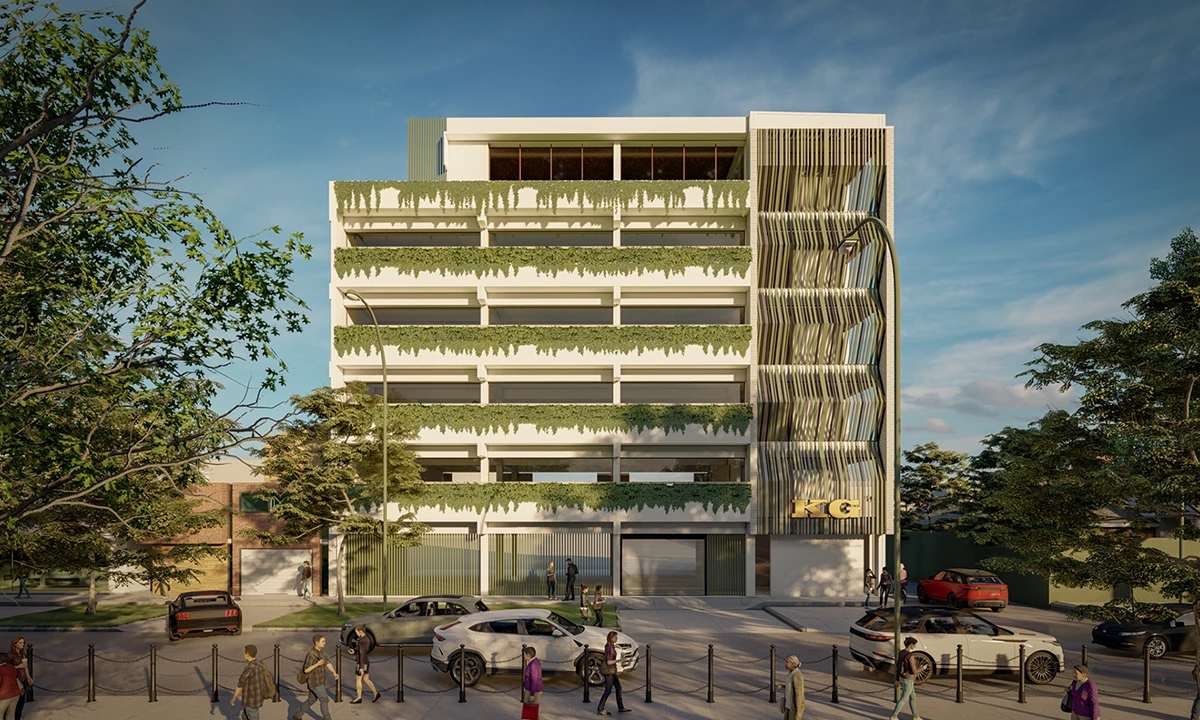 Rendering of a design with planted bays across the front elevation
