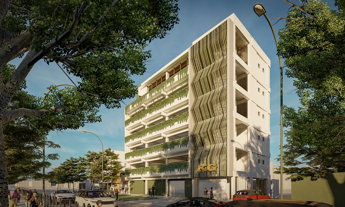 Rendering from the street corner, with planted bays and angled screens