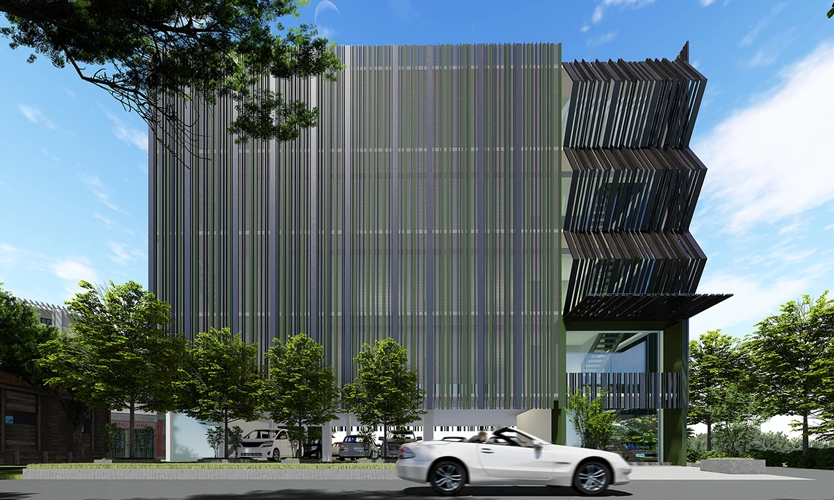 Rendering of the street elevation in grey vertical fins