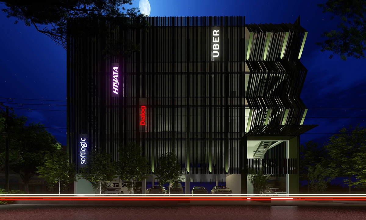 Night rendering of the fin-clad façade with tenant signs