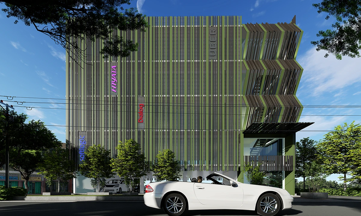Rendering of the green vertical fins and angled corner screens