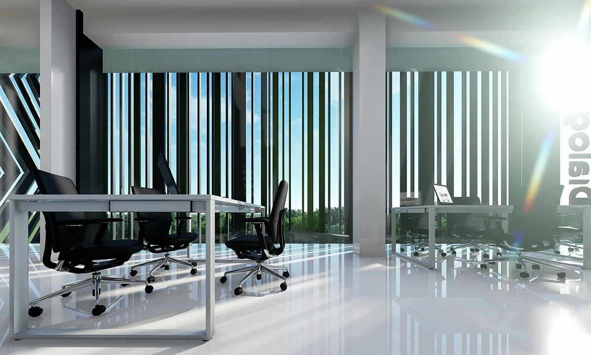 Rendering of an open-plan office floor with white desks and black chairs