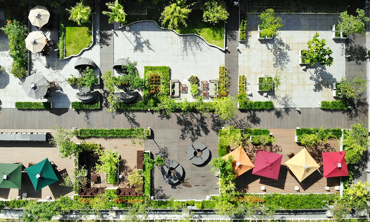The roof garden from above: seating clusters, umbrellas and planting beds