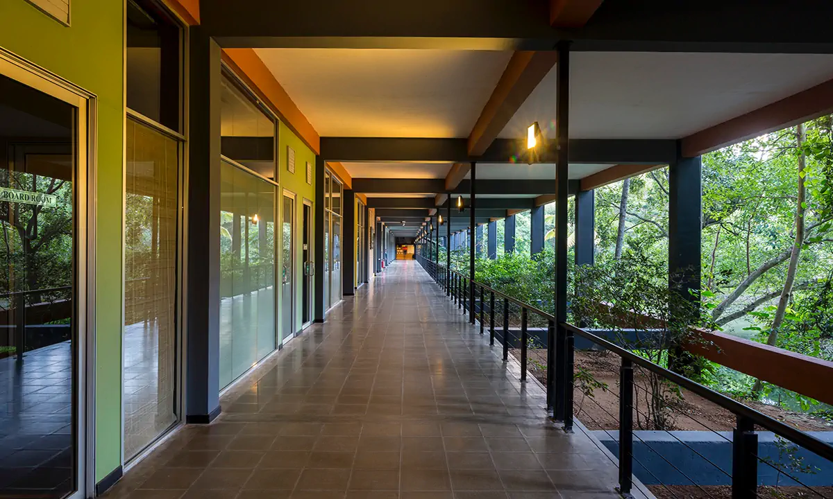 Covered walkway running the length of a building beside the trees