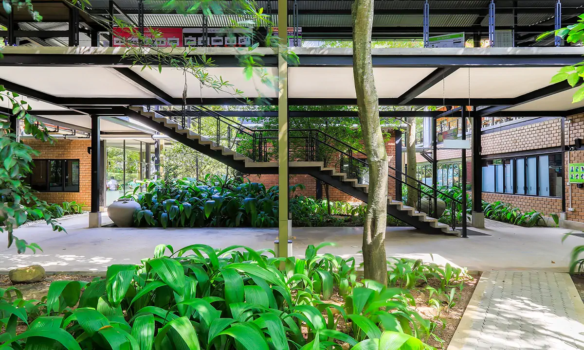 Planted courtyard beneath the raised buildings